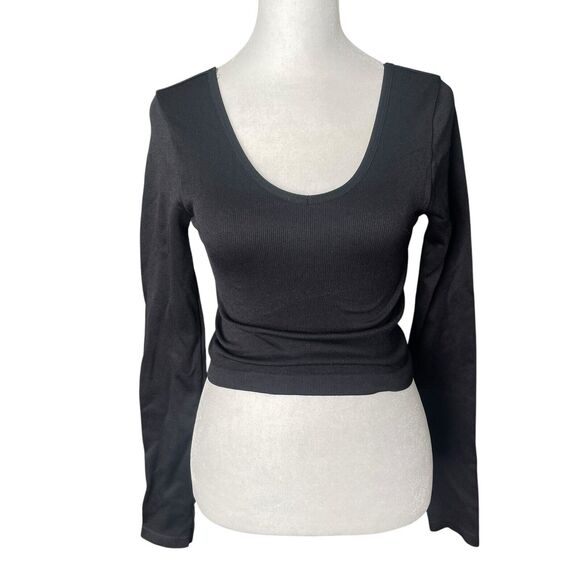 Aeropostale Medium Seamless Crop Top Vneck Long Sleeve Black Ribbed - Picture 1 of 7